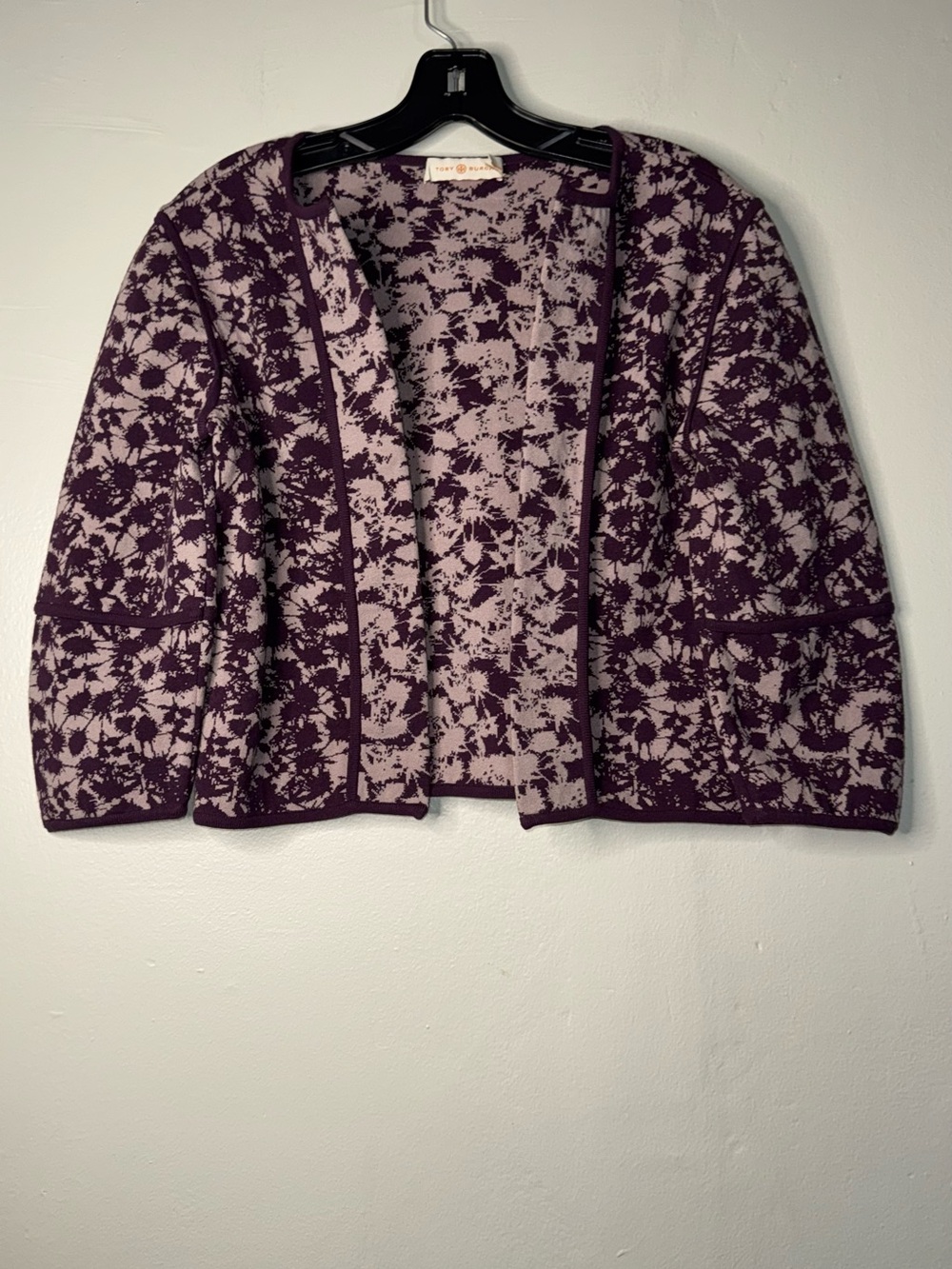Tory Burch Purple Floral Jacquard Open-Front Cardigan